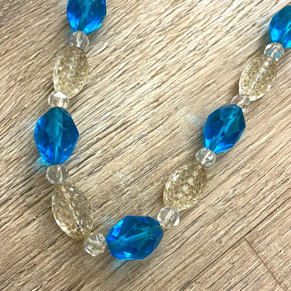 Vintage Glass Beaded Necklace Bright Blue & Clear Statement Necklace - Picture 2 of 5